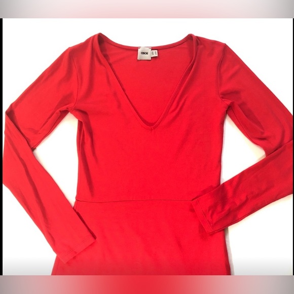 ASOS Red Bodycon cotton blend stretch v-neck dress. - Picture 5 of 8